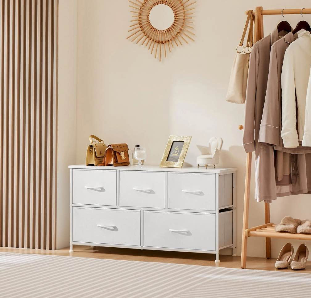 CONCETTA 5 Fabric Dresser with 5 Storage Drawers, TV Stand with Wooden Top Metal Frame for Clothes, Living Room, Hallway, Entryway, White