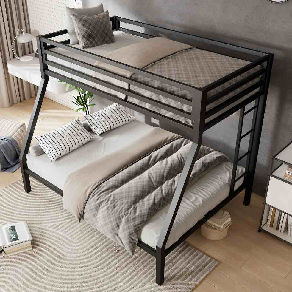 Amolife Twin over Full Size Metal Bunk Bed with Removable Ladder  Full-Length Guardrail  Black