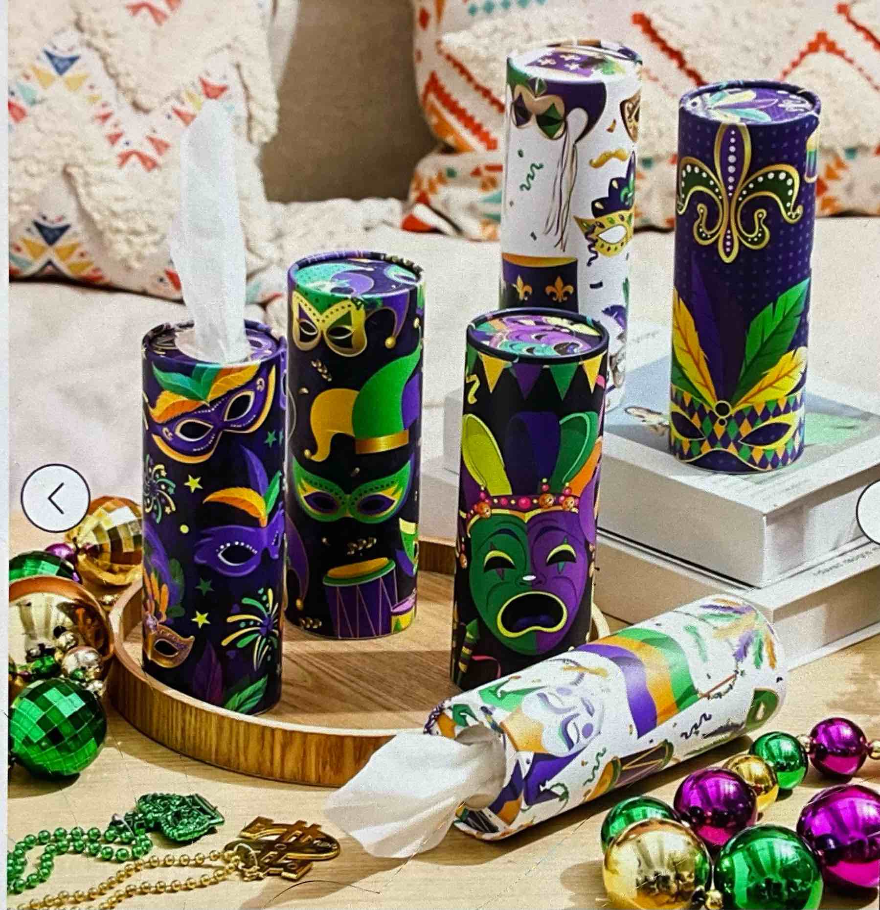 Tatum 12 pcs Mardi Gras car tissues cylinder holder boxes with 600 facial tissues carnival box for car Mardi Gras round tubes for cup holder home office travel , 6 styles