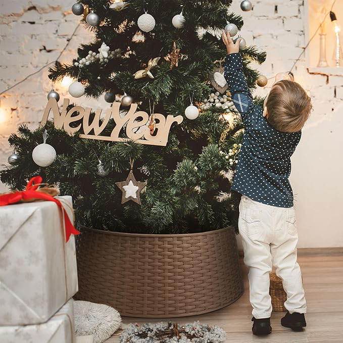 Christmas Tree Collar, Christmas Tree Base Cover Plastic Farmhouse Rattan Xmas Tree Ring Wicker Christmas Tree Ring Basket for Artificial Christmas Trees Decoration, brown