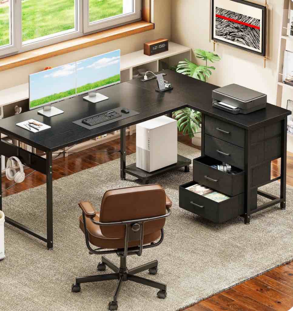 Casacomoda L Shaped Computer Desk with Charging Station , 53 inch PC Table Study Desk 4 Tier Drawers, Modern Simple Style Laptop Desk for Bedroom, Black
