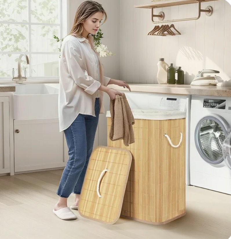 MEHOOM 72L Bamboo Laundry Storage & Organization,Foldable Laundry Hampers,Collapsible Laundry Baskets with Lid