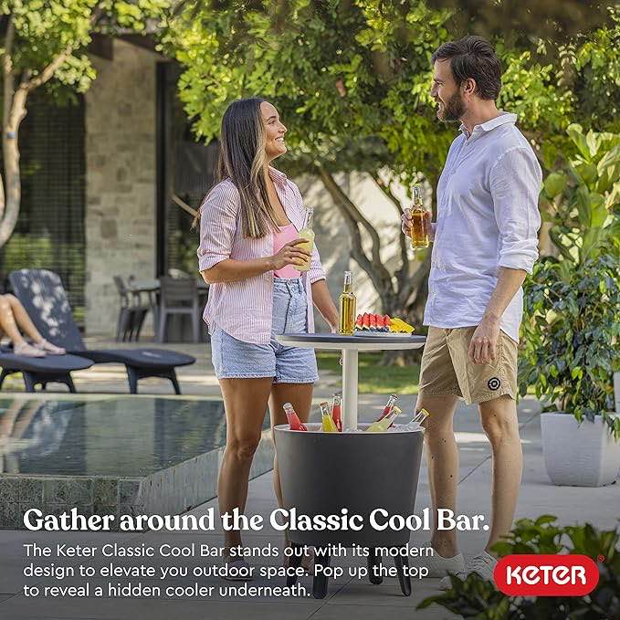Keter Modern Cool Bar Outdoor Patio Furniture and Hot Tub Side Table with 7.5 Gallon Beer and Wine Cooler, Dark Grey