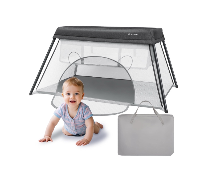 Vomeast Travel Crib, Baby Bassinet Portable Crib, Travel Playard Foldable with Baby Mattress, Gray