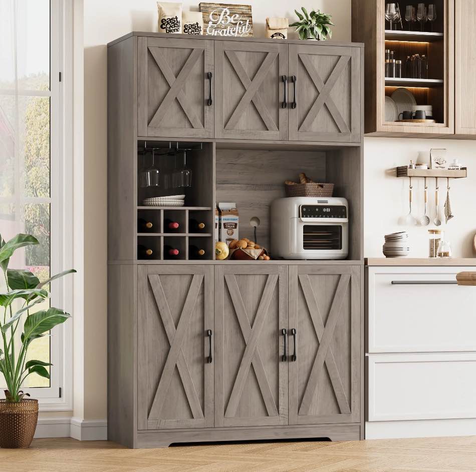 Homfa 6 Doors Kitchen Pantry Buffet Hutch with Wine Rack, 70.9'' Farmhouse Cupboard Storage Cabinet for Dining Room, Gray