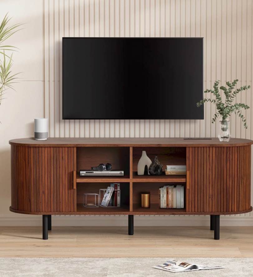 MARNUR 55" TV Stand for 60" TV, Wood Entertainment Center with Storage and Shelves, 2 Sliding Tambour Doors, Mid-Century Modern