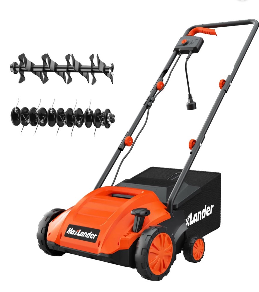 MAXLANDER Electric Dethatcher and Scarifier, 13” 12Amp 2-in-1 Lawn Dethatcher with 4-Position Depth Adjustment, 30L Removable Collection Bag, Airboost Technology Increases Lawn Health