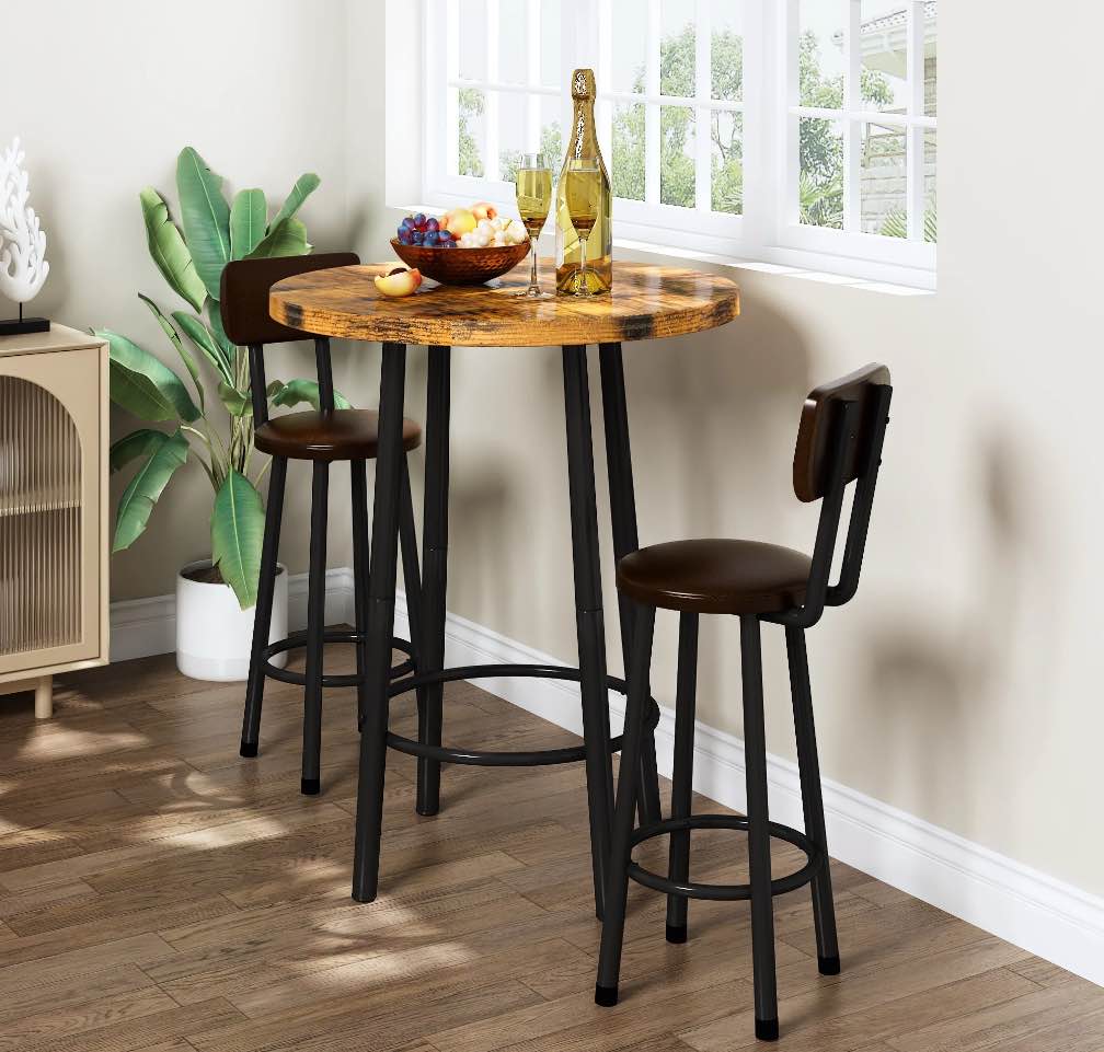 LTTROMAT 3 Pieces Bar Table Set, Bistro Kitchen Table Sets with 2 PU Leather Bar Stools, Wood Pub Bar Table Set for Breakfast Nook Small Space Restaurant, Round Table