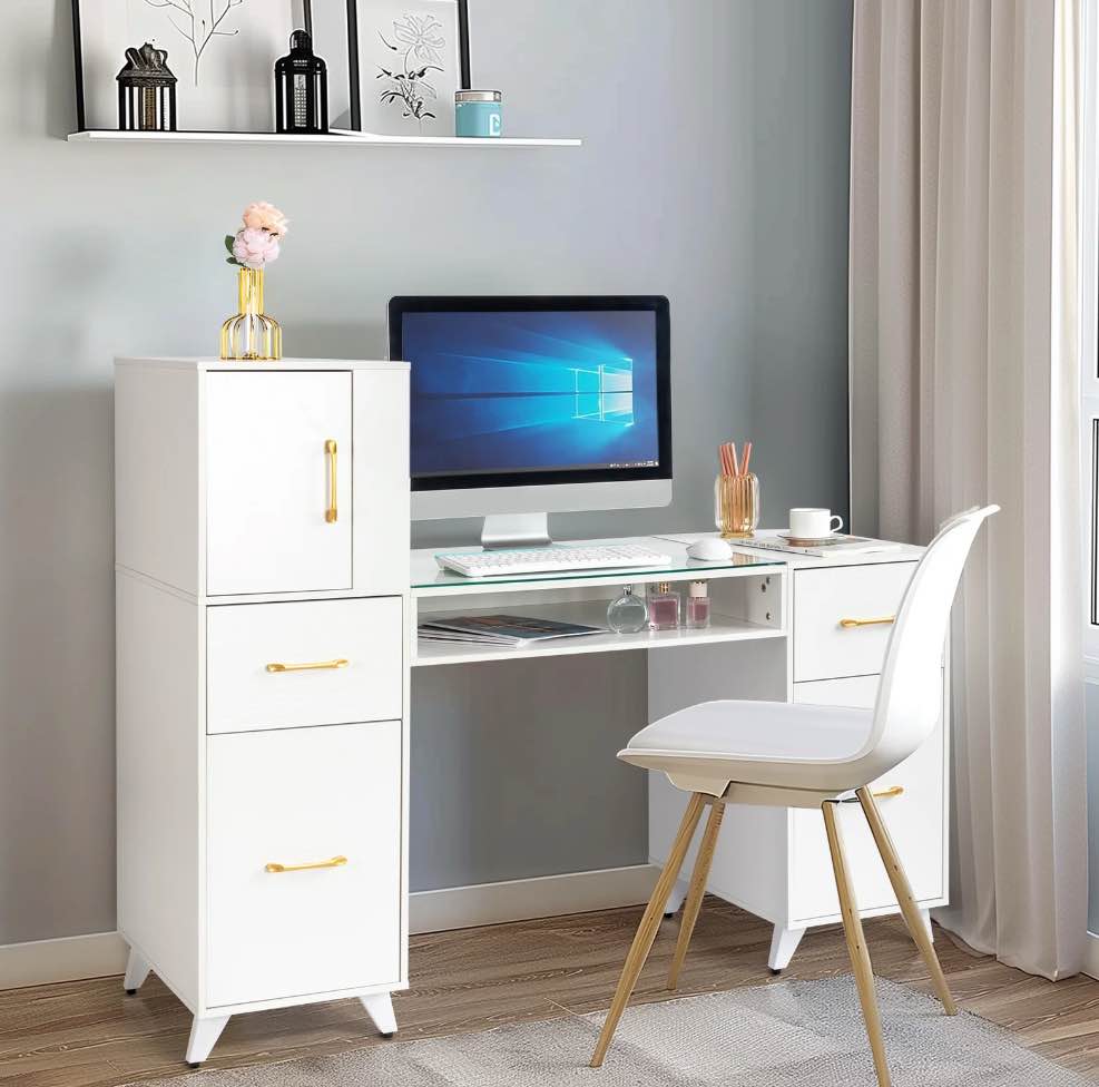 Zimtown 55"L*19"W*44"H Makeup Nail Desk Modern Salon Manicure Table for Nail Tech Glass Top, White