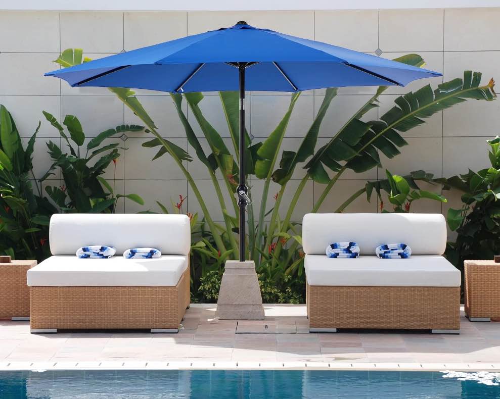 ZUNMOS 9FT Outdoor Patio Umbrella with Push Button Tilt and Crank Handle, Market Umbrella with 8 Sturdy Umbrella Ribs, UV Protection, Waterproof, Blue