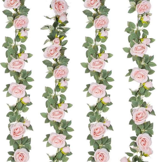 TELDRASSIL 4Pcs(26 FT) Artificial Rose Vine Fake Flower Garland Fake Silk Rose Hanging Vine for Wedding Party Background Arch Garden Background Decoration (pink)