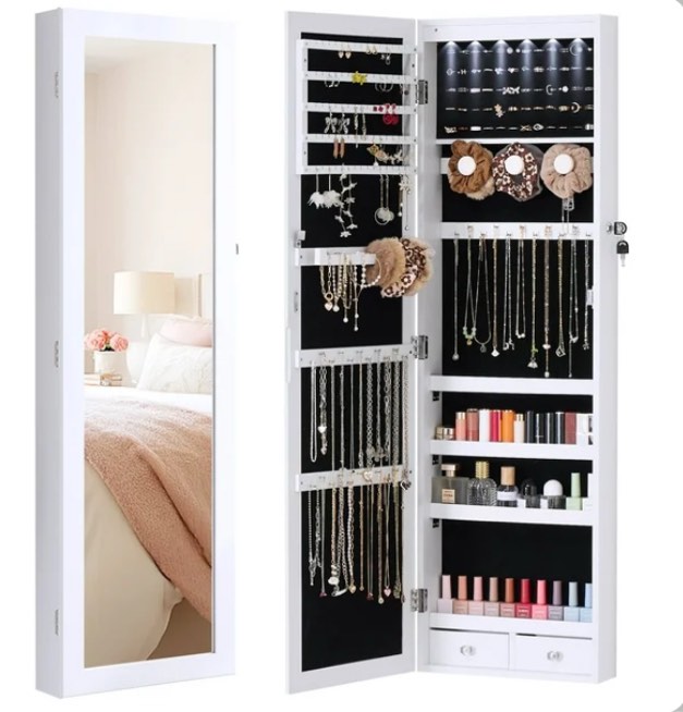 edx Full-Length Mirror Jewelry Cabinet with 6 LED Lights, Wall Door Mounted Large Jewelry Armoire Organizer with Makeup Storage