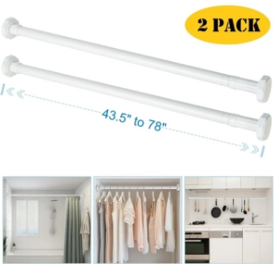 BEAMNOVA 43.5"-78" Adjustable Tension Rod, Rust-Proof Hanging No Drilling Cabinet Wardrobe Closet Window Shower Curtain Rod, White (2 Pack)