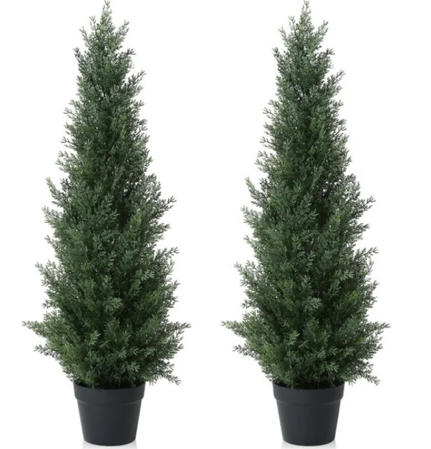 Artificial Cedar Tree 2 Pack 3 ft Outdoor Artificial Topiary Cedar Plants Fake Tree UV Rated Potted Plants for Porch Decor Faux Pine Tree for Perfect Housewarming Gift