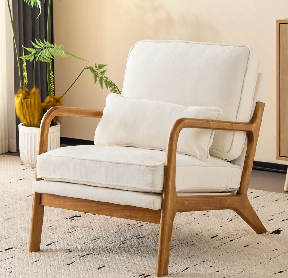 Capri Modern Accent Chair, Mid-Century Solid Wood Arm Chair, Upholstered Reading Chair with Lumbar Pillow, Sofa Side Chairs for Living Room Bedroom Guest Room, Beige/B
