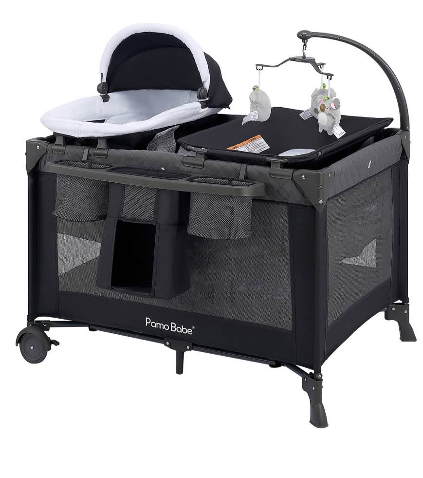 Pamo Babe Unisex Nursery Center Playard with Bassinet & Changing Table for Newborn,Grey
