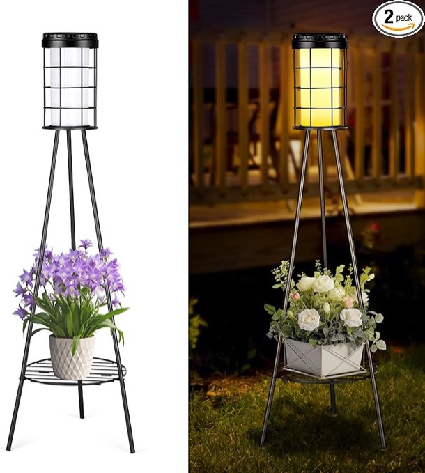 Solar Floor Lamps, Outdoor Solar Floor Lights with Plant Stands, IP65 Waterproof Outdoor Lamps for Patio, 38 Inch Flower Shelf Lights USB Charging, Decor Garden Backyard
