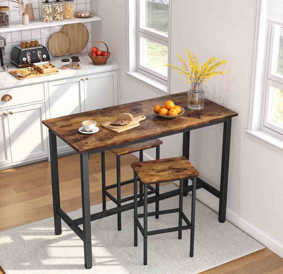 JOZ 3-Piece Bar Table Set with 2 Stools, 47.2” Rectangular Pub Table with Sturdy Metal Frame, Rustic Brown, Space-Saving Dining Set for Kitchen, Living Room, Small Space