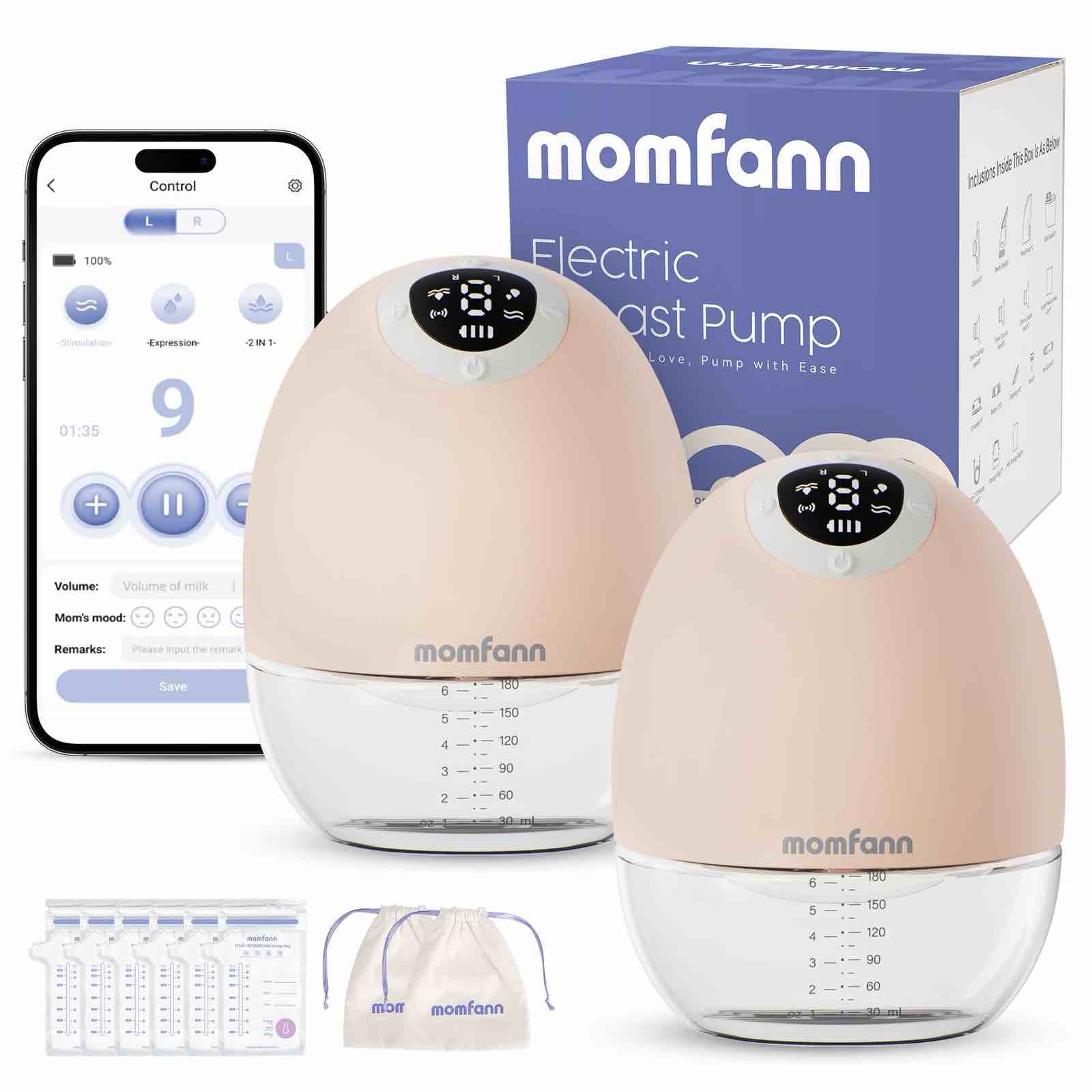 MOMFANN Electric Breast Pump Wearable Hands-Free APP Control Beige