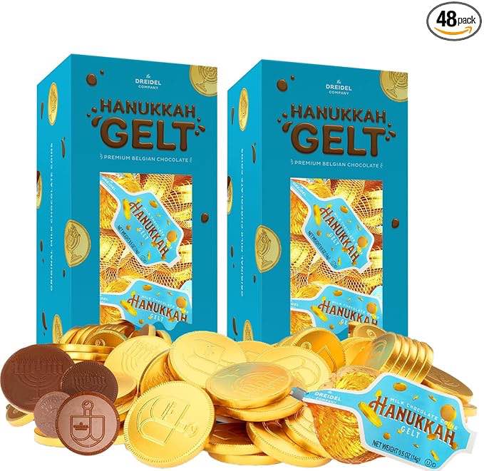 The Dreidel Company Chocolate Coins, Nut-Free, 14 Gram Mesh Bags - Made With Premium Belgian Milk Chocolate, Kosher Dairy Gluten free, Non GMO, Chanukah Gelt, (48 Mesh Bags)