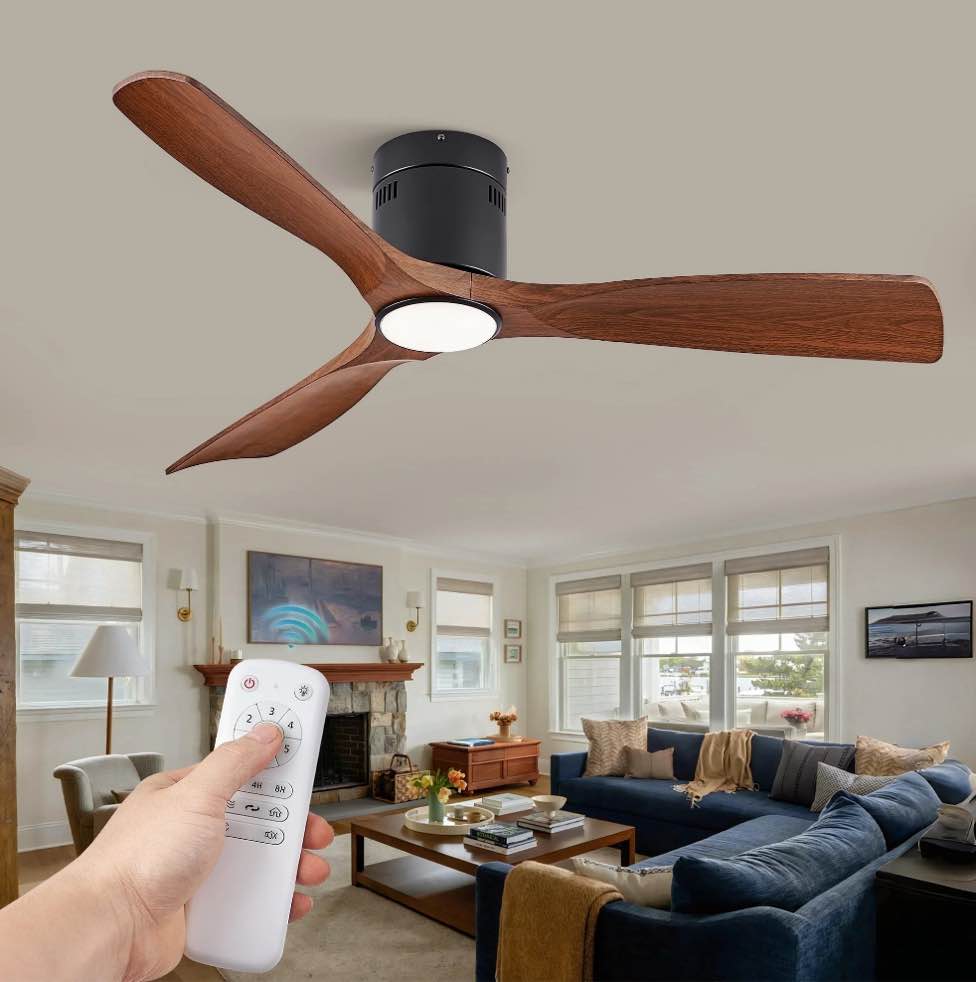 Zardon 52" Ceiling Fan with Remote Control and Light, 6 Speeds Reversible DC Motor, Ultra Quiet Flush Mount for Bedroom, Living Room - Black and Walnut