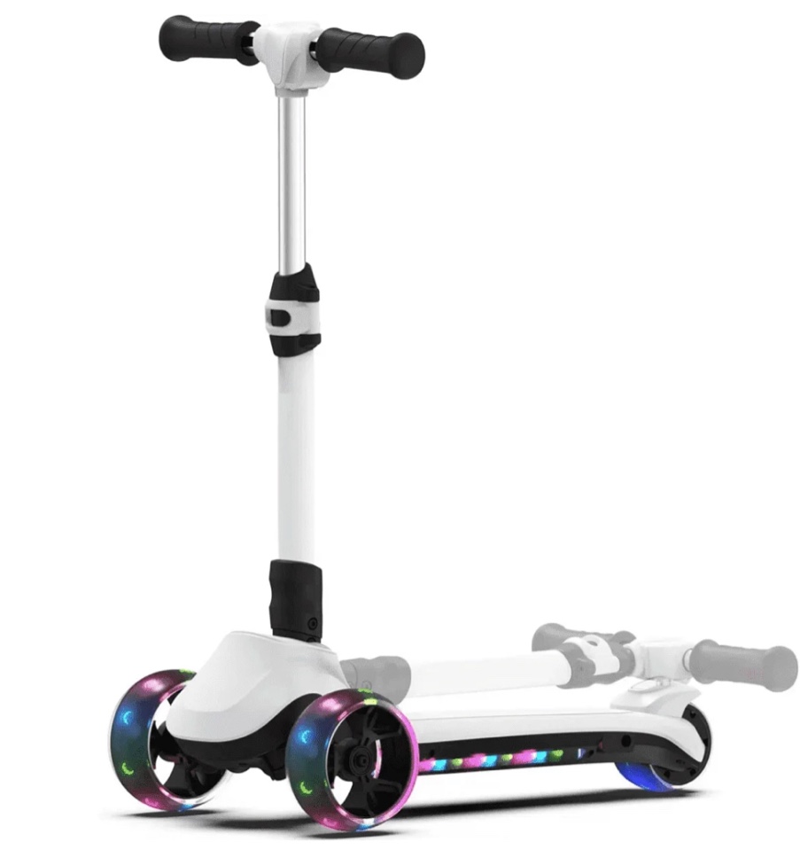3 Wheels Electric Scooter for Kids, 3 Adjustable Heights Toddler Motorized Scooter with LED Light up Wheels and Pedal, Thumb Throttle, Powerful Motor, Foldable Kids Electric Scooter for Girls Boys