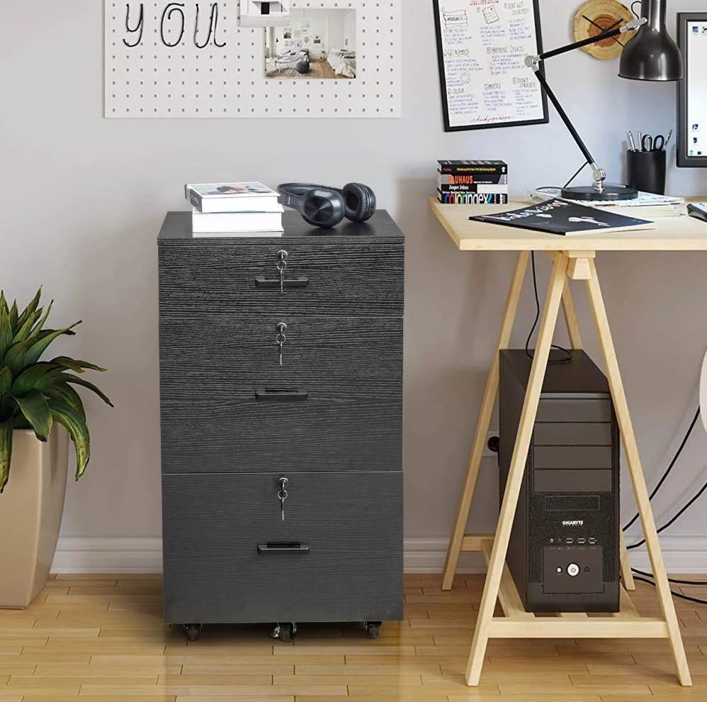 Ktaxon 3 Drawers File Cabinet Legal&Letter Size, with Pencil Drawers Mobile File Cabinet with Rollers, Black