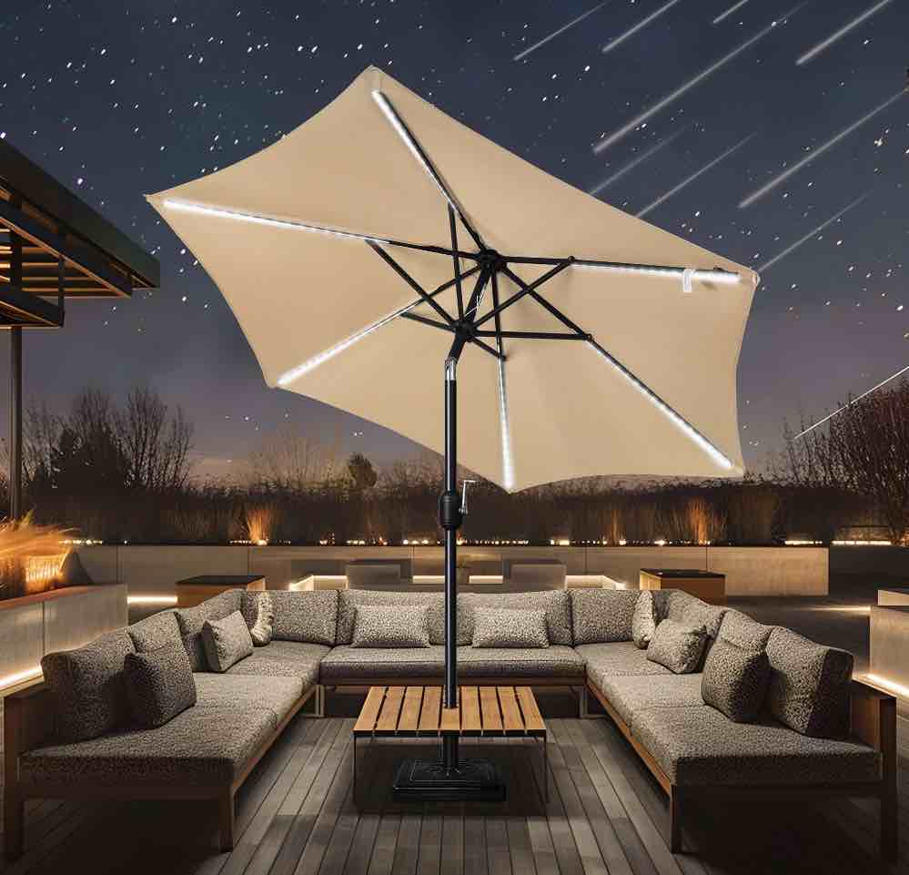 Scafild | 9 Ft Solar LED Light Patio Umbrella Outdoor W/ Easy Tilt & Crank Lift - Off-white