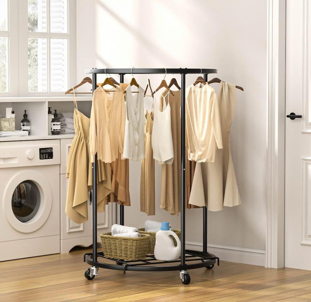 Nefoso Clothing Garment Rack,Round Clothes Rack with 4 Universal Wheels and Shelf Standard Rolling Clothes Organizer(Black)