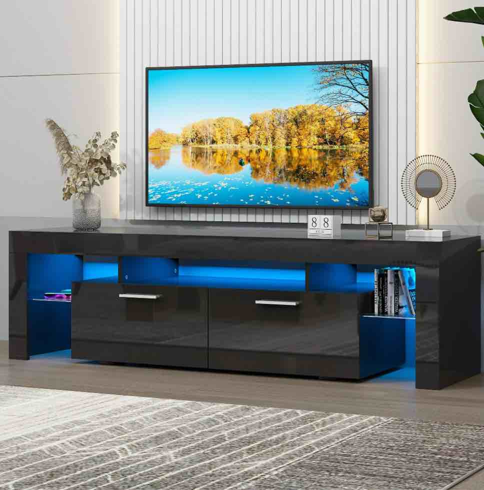 UHOMEPRO TV Stand for TV up to 70", Living Room Entertainment Center with RGB LED Lights and Storage Shelves Furniture, Black High Gloss TV Cabinet Console Table