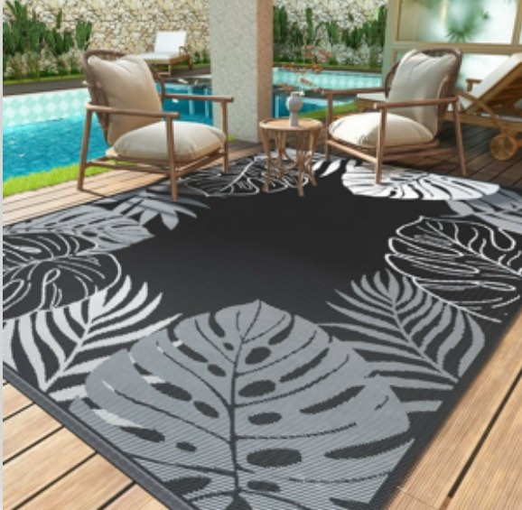 SIXHOME 8x10 Feet Waterproof Outdoor Rug, Reversible Black Plastic Patio Mat with Straw Texture Tropical Palm Leaf, Non-Slip Carpet for Camping, RV, Balcony, Porch, Picnic