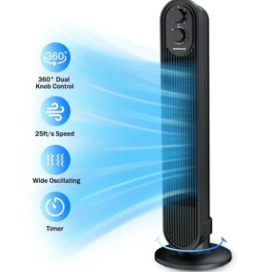 Tower Fan,31" Oscillating Standing Fan for Home,HOMSHADE Floor Fan with 360° Dual Knob Control ,3 Speed,Timer Bladeless Fan for Bedroom Office,Black