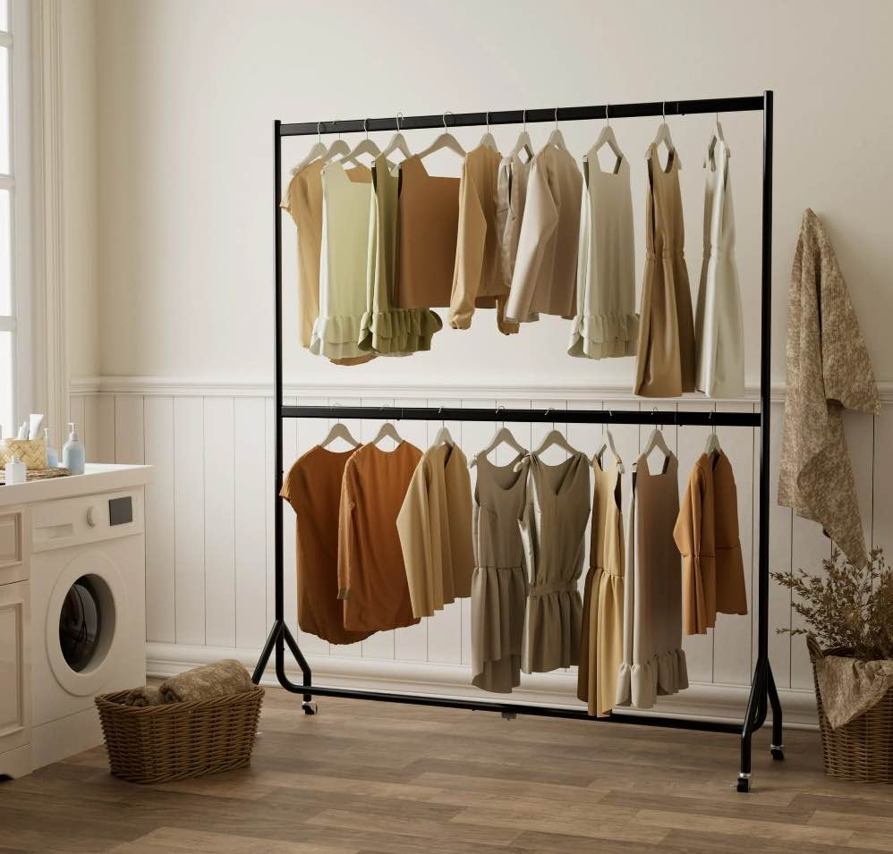 Nefoso Double Rods Clothing Garment Rack, Heavy Duty Rolling Clothes Rack with 4 Wheels for Hanging Clothes, 71"L x 18.4"W x 86.6"H, Load 350 lbs