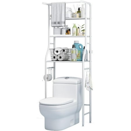 HUIMART Over the Toilet Storage Rack 3-Tier Bathroom Organizer Shelf Metal Bath Shelves Freestanding Above Toilet Stand for Bathroom Laundry White