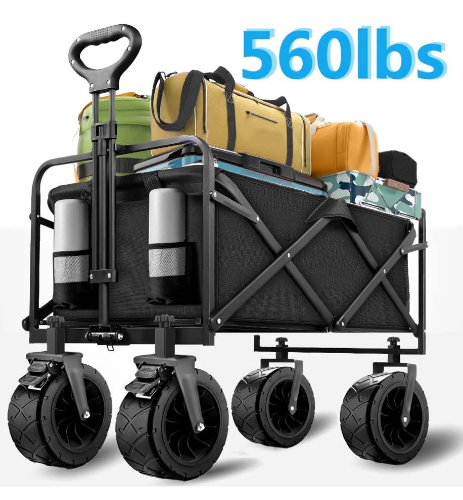 Qunler 560lbs Collapsible Folding Wagon, Big Bucket Beach Cart,  Heavy Duty Large Capacity Garden Wagon with All-Terrain Brake Wheels for Outdoor Camping, Shopping, Sports, Grocery, Kids, Black