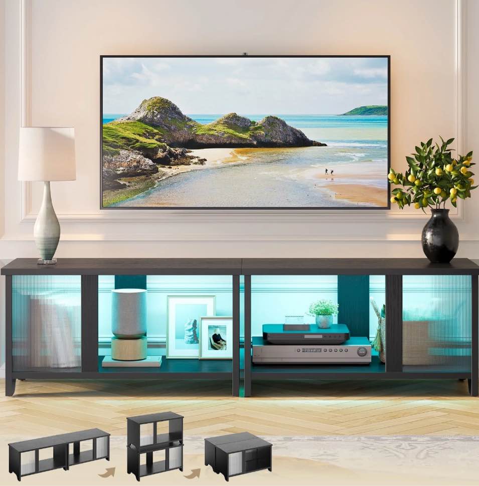 Pinmoco LED TV Stand for TVs up to 65'', Expandable Side by Side or Stacking TV Stand with Storage, Black