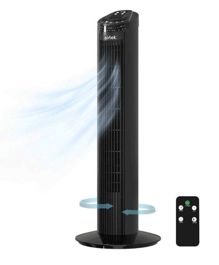 Airtek Tower Fan, 3-Speed Oscillating Fan with Multi-Function Remote Control, 29”