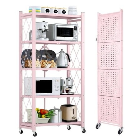 COOKCOK 5-Tier Storage Shelving Unit Metal Shelf 27.9 X13.4 X62.5 Foldable Storage Shelf with Wheels Garage Shelf Kitchen Shelf with 4 Hooks No A