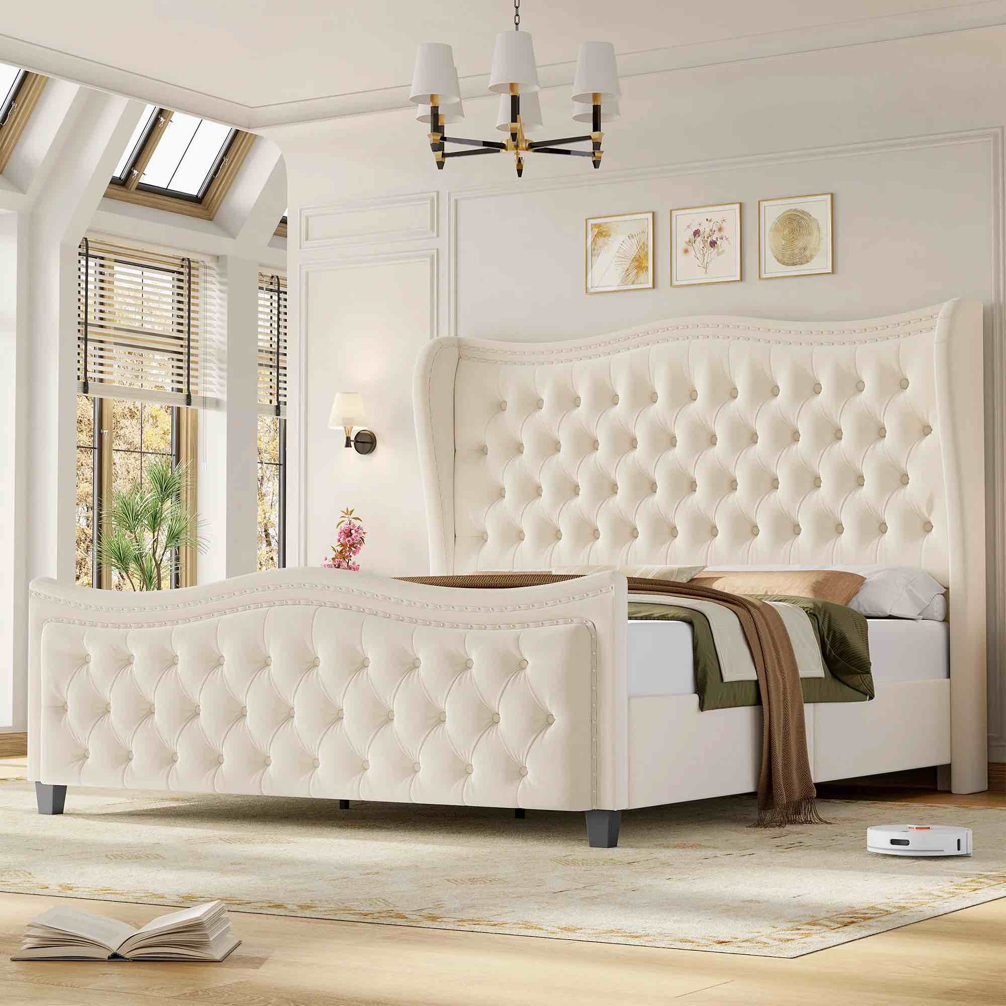 Homfa Queen Size Bed Frame, Modern Velvet Tufted Wingback Bed, Platform Bed with 55"H Upholstered Headboard, Off-White