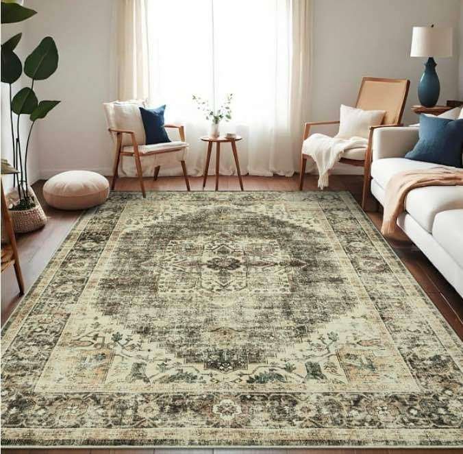 Garvee  Area Rug Vintage Medallion Non-Slip Rugs for Living Room Bedroom Distressed Rugs Washable Rug, Brown