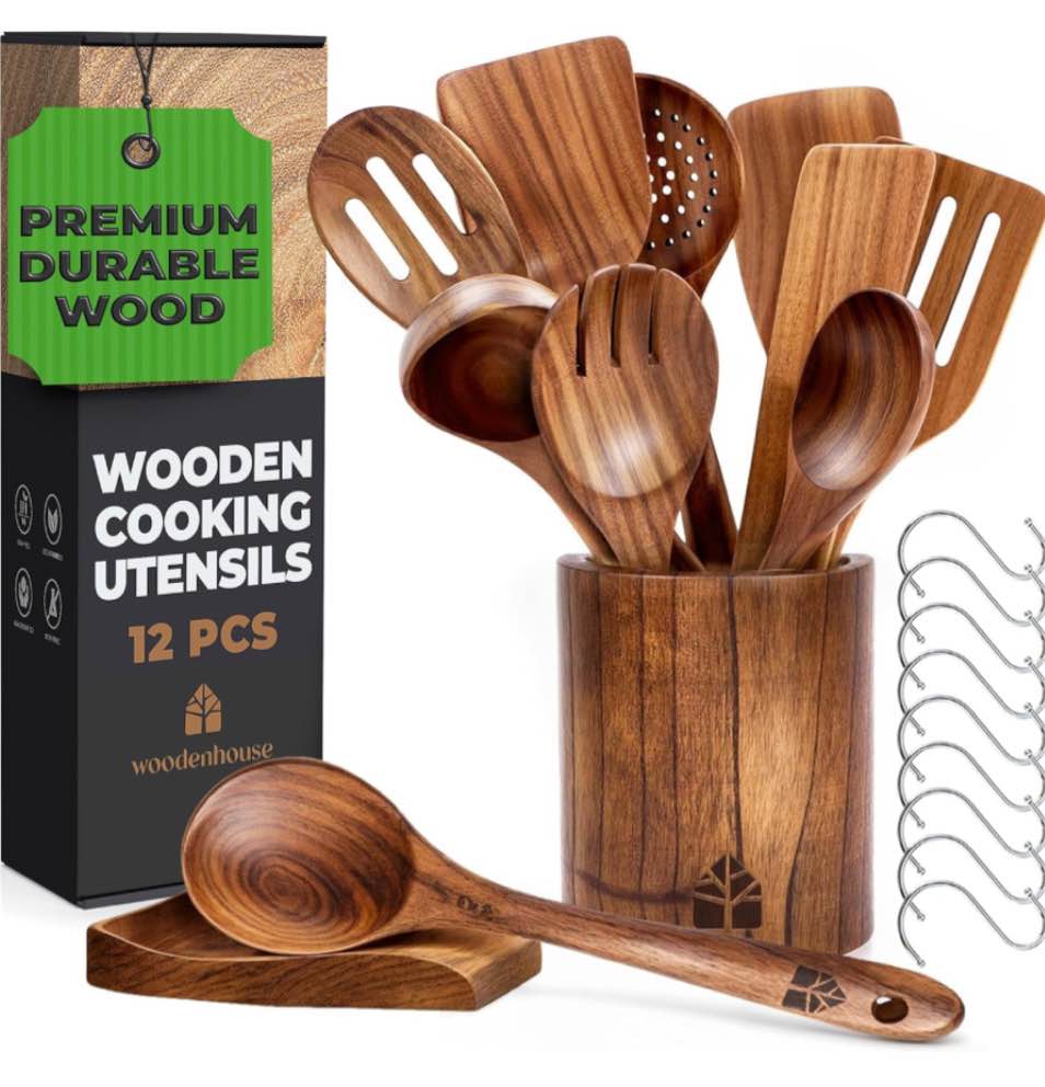 Wooden Spoons for Cooking – Wooden Cooking Utensils Set with Holder, Spoon Rest & Hooks, Teak Wood Nonstick Kitchen Cookware – Durable Set of 12pcs by Woodenhouse