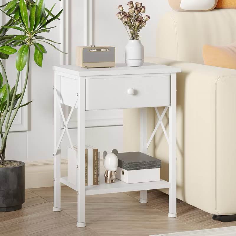 Modern X-Design Nightstand, End/Side Table with Fabric Drawer & Open Storage Shelves for Bedroom or Living Room, White
