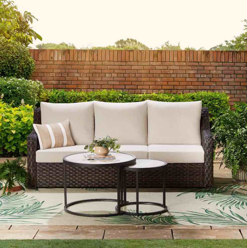 Better Homes & Gardens River Oaks Outdoor Sofa & 2 Nesting Tables with Patio Cover, Dark Brown
