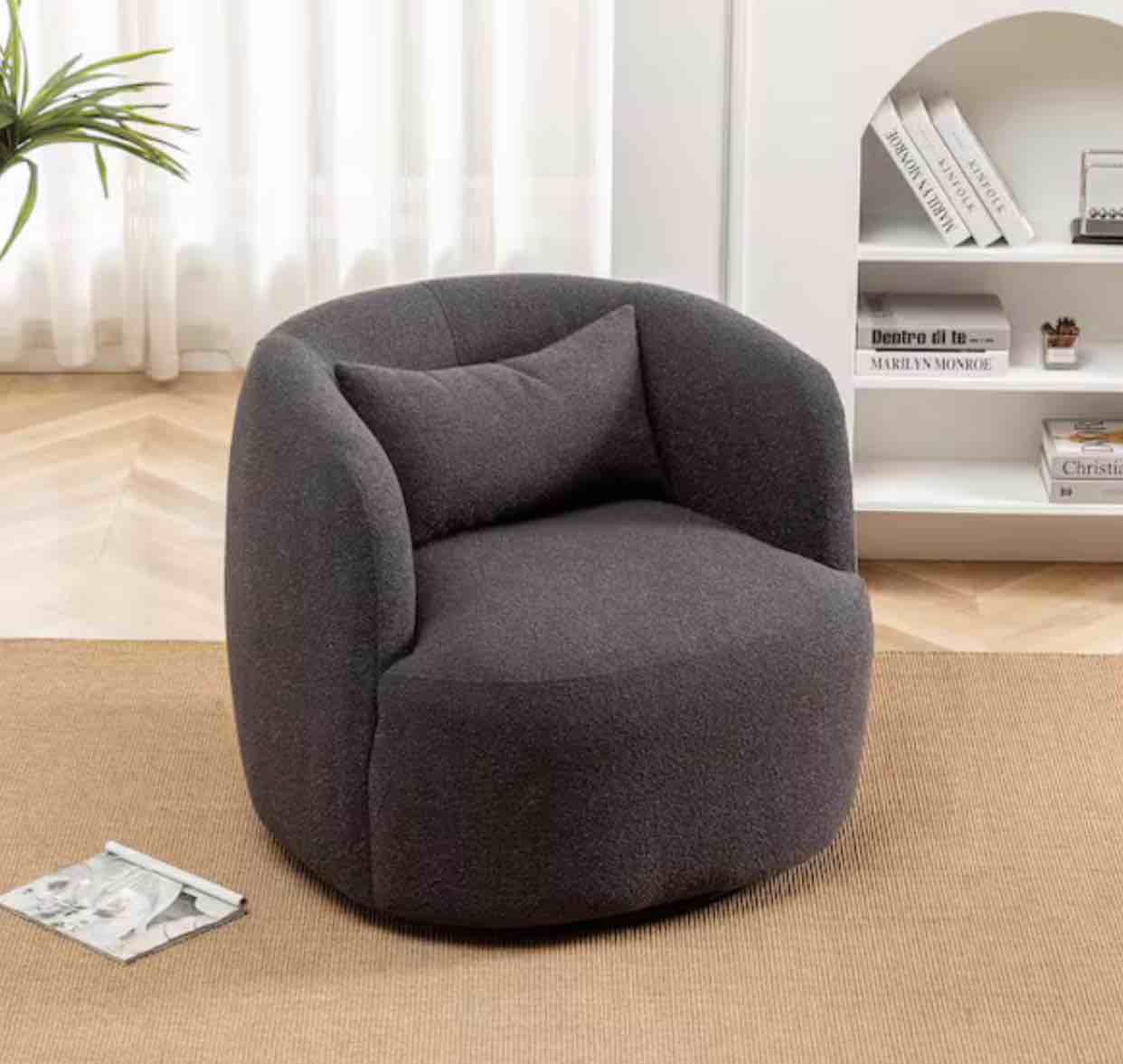 Dark Gray Poly Blend Boucle Fabric Upholstered Swivel Armchair