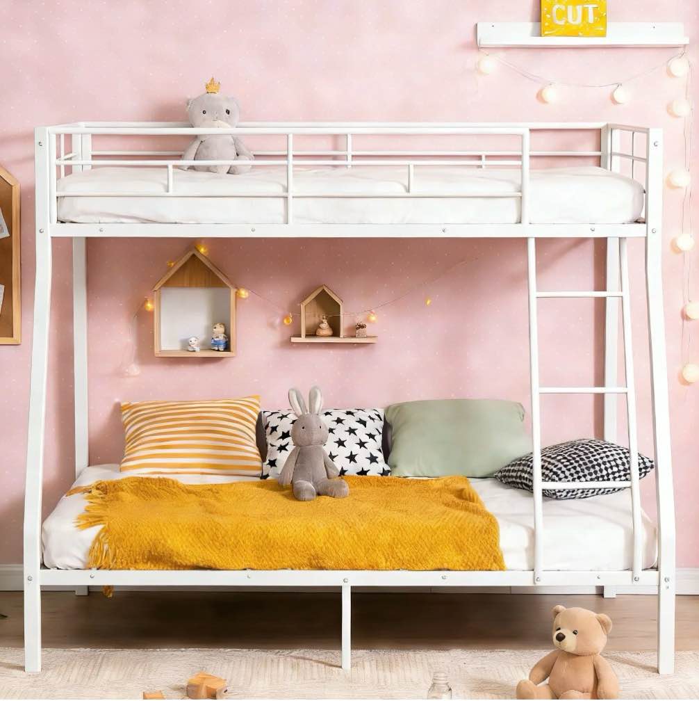 Ktaxon Twin Over Full Metal Bunk Bed with Stairs & Full-Length Guardrail, White