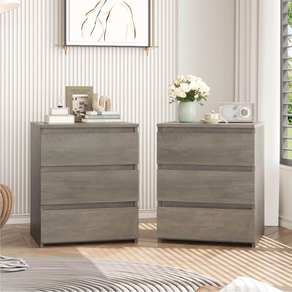 Homfa 3 Drawers Nightstand Set of 2, Small Sofa Table, Wooden Storage Cabinet for Living Room, Wash Gray
