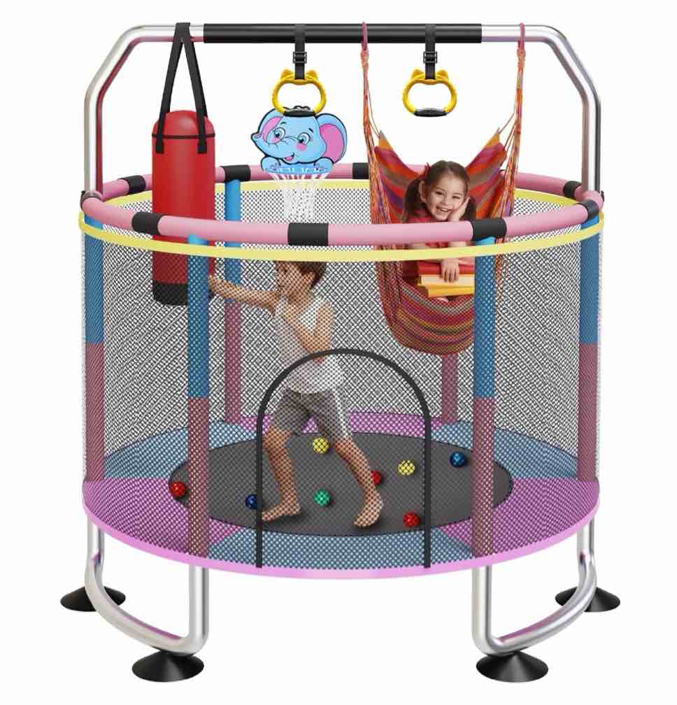 G TALECO GEAR Trampoline for Kids, Toddler Trampoline with Adjustable Gymnastics Bar & Toys, Indoor & Outdoor Round Small Trampoline Gift for Boys & Girls,  400lbs, Pink & Blue