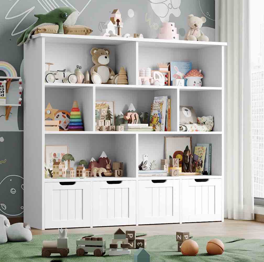 Homfa 7 Cube Toy Storage Organizer, Kids Geometric Bookcase and Bookshelf with 4 Drawers, White