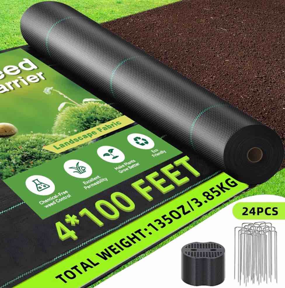 4FT x 100FT Weed Barrier Landscape Fabric, Heavy Duty Weed Blocker Gardening Mat, Garden Cloth for for Underlayment, Gardening Ground, Commercial Driveway, Farming with 24 U-Shaped Securing Pegs