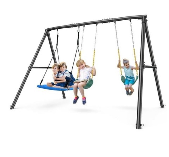 KloKick 600lbs Heavy Duty Swing Set – a-Frame Metal Swing Set with Platform Swing & 2 Belt Swings for Backyard (Black)